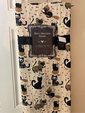Well Dressed Home Halloween Decorative Throw Blanket with Mummy & Skeleton Cats